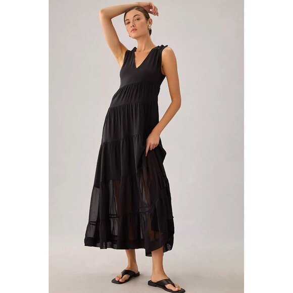 Anthropologie Black Sleeveless Tiered Silk Maxi Dress Size 10 New Boho Beach - Picture 1 of 10